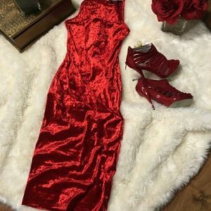 Flirty Red Velvet Spaghetti Strap Midi Dress